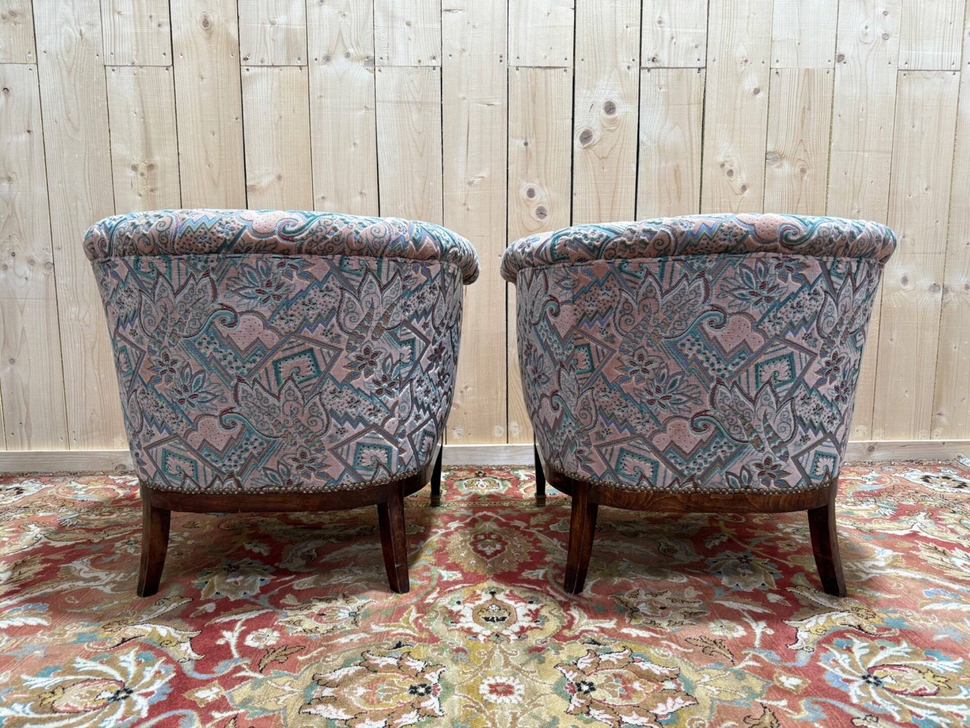 Paire de fauteuils - bergères époque Art Déco en velours coloré