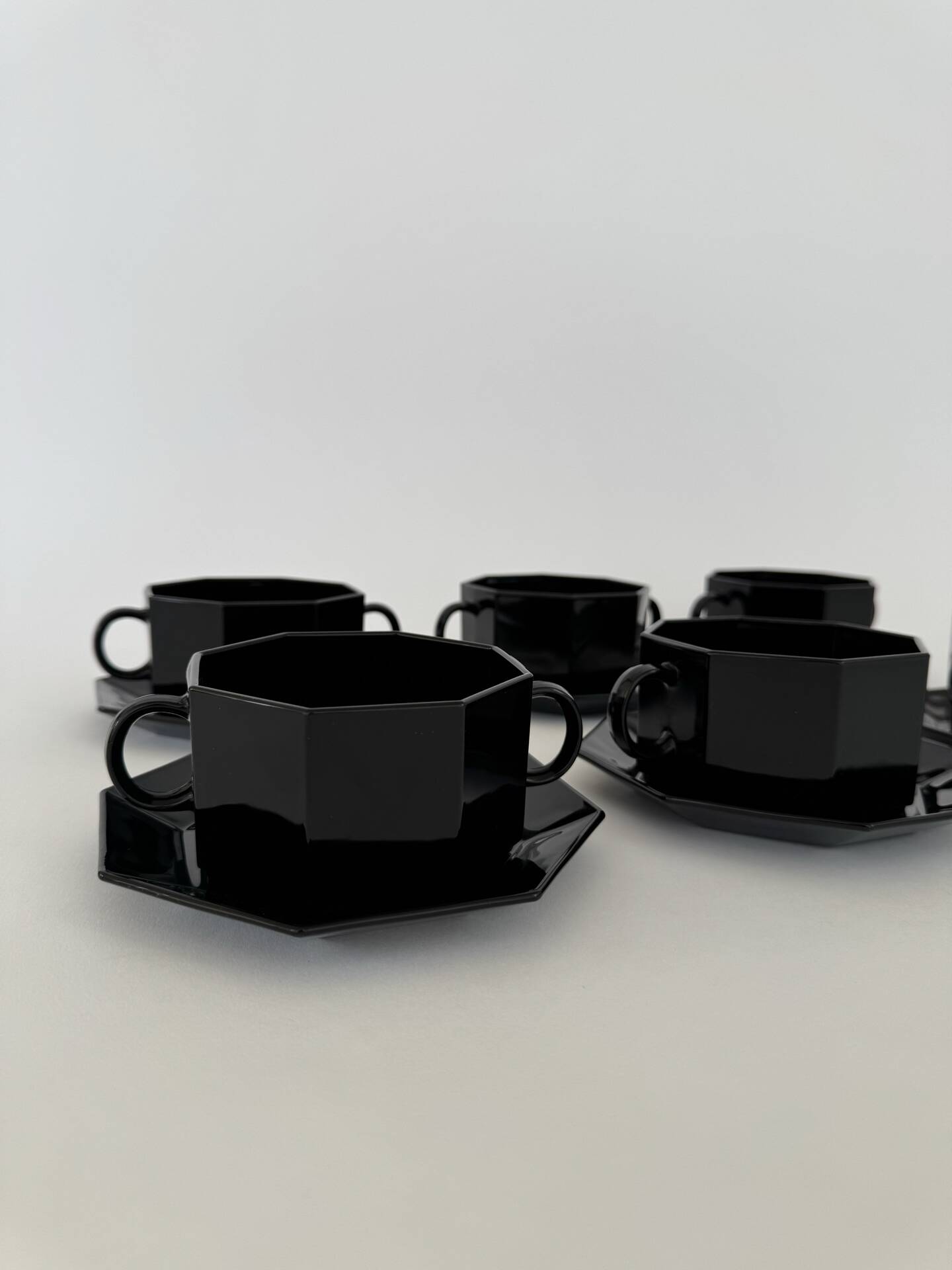 Vintage Set of 6 Arcoroc Black Glass Soup Cups and Saucers Set