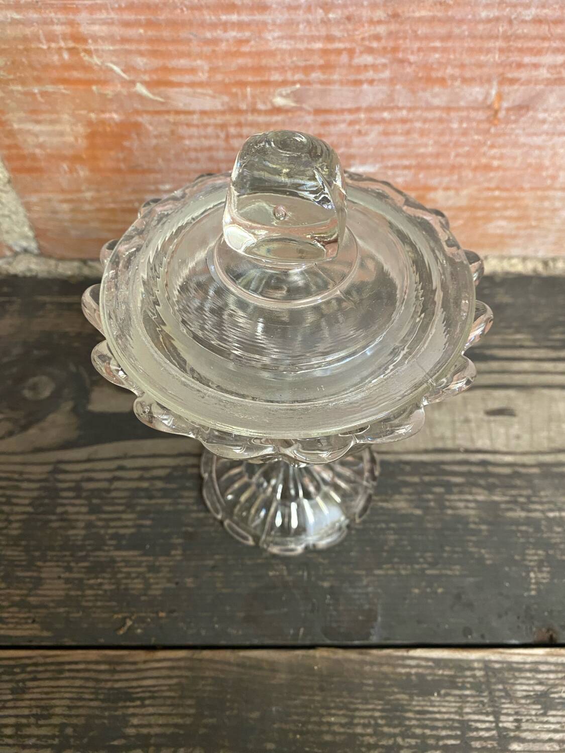 Antique glass candy dish, sugar bowl, footed, vintage molded glass