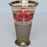 Granite art deco bohemian crystal vase with cranberry pink band and gold edging