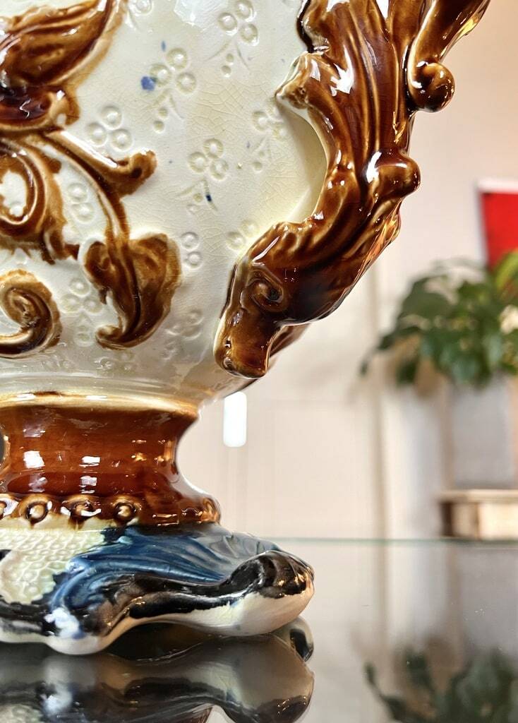 Glazed Earthenware Planter - Barbotine Early 20th Century - Ochre and Blue