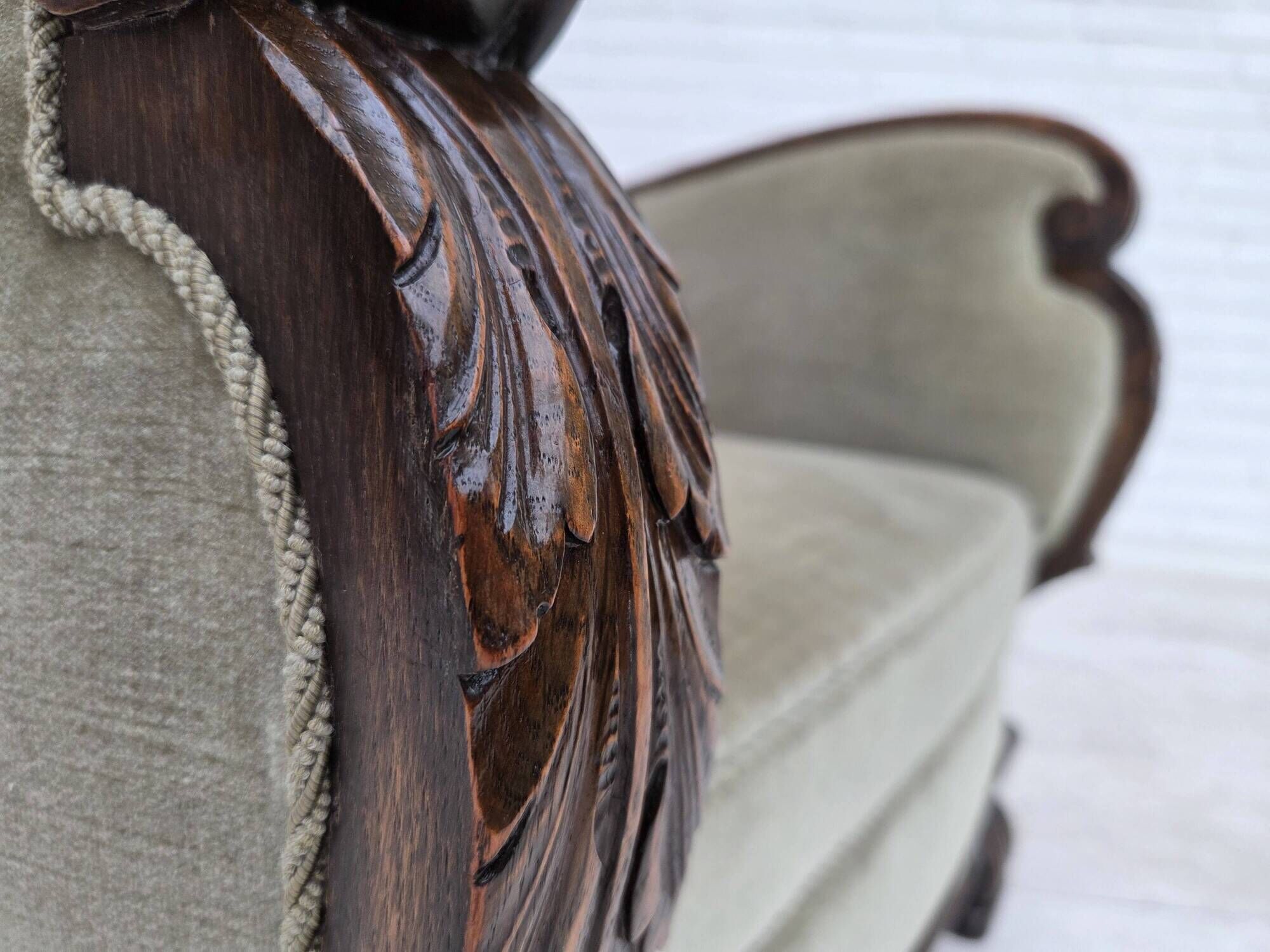 1950s, Danish relax armchair, furniture velour, carved oak wood.