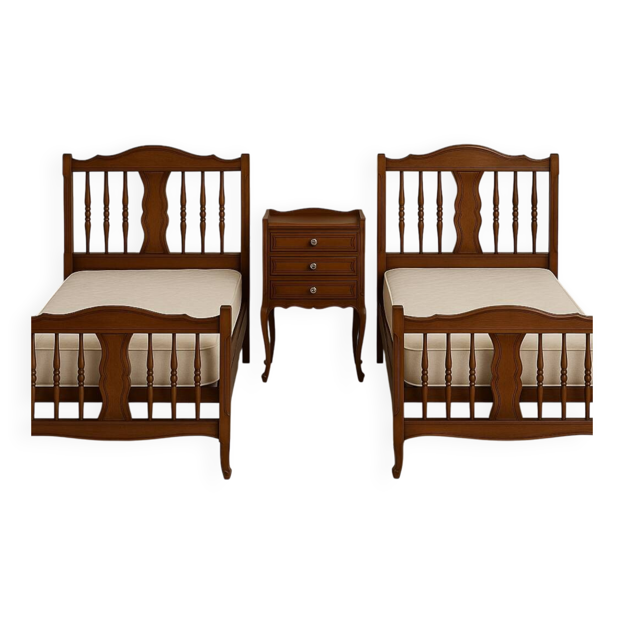 2 beds and a vintage bedside table in solid cherry wood