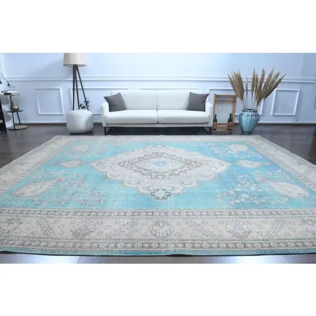1960s Vintage Persian Handmade Wool Cotton Turquoise Area Rug 293x378