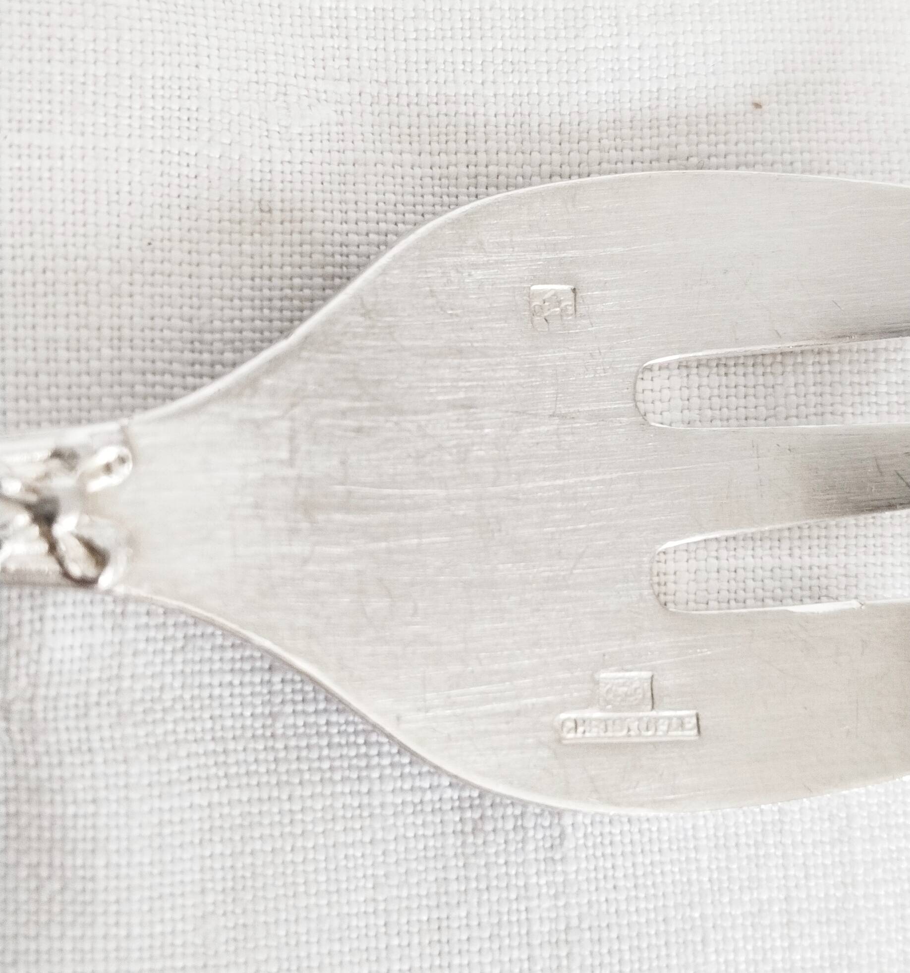 Christofle oyster or dessert forks, ribbon pattern, silver