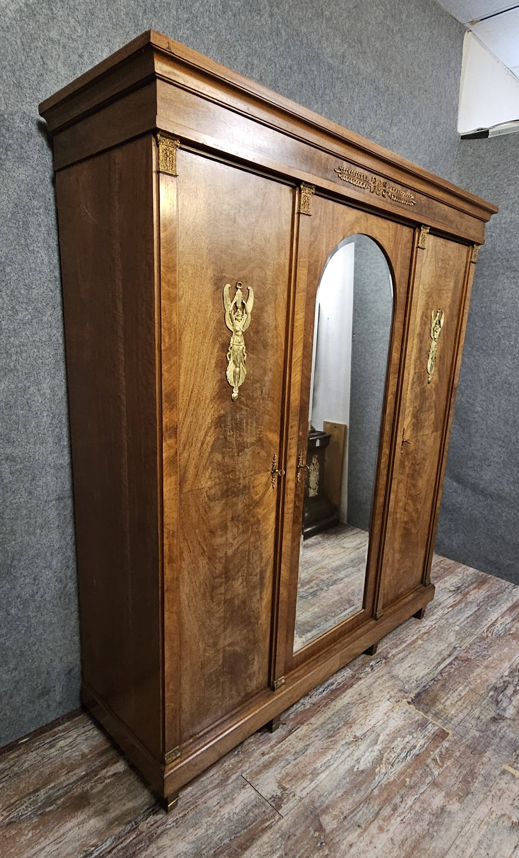Large antique mahogany wardrobe with mirror – Empire style / 20th century