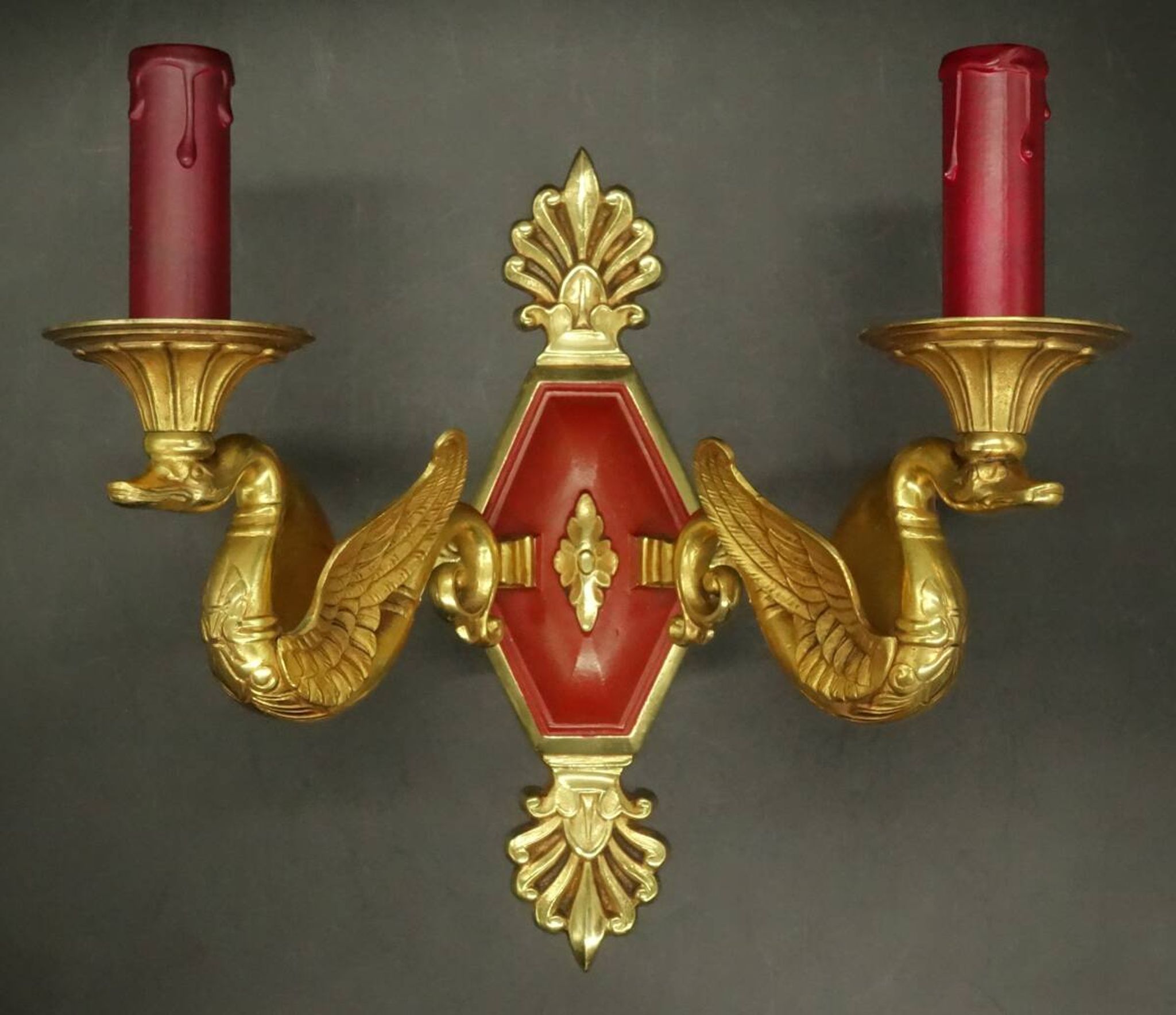 Pair of Empire style wall sconces with swans from Petitot - bronze & bordeaux patina.