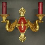 Pair of Empire style wall sconces with swans from Petitot - bronze & bordeaux patina.