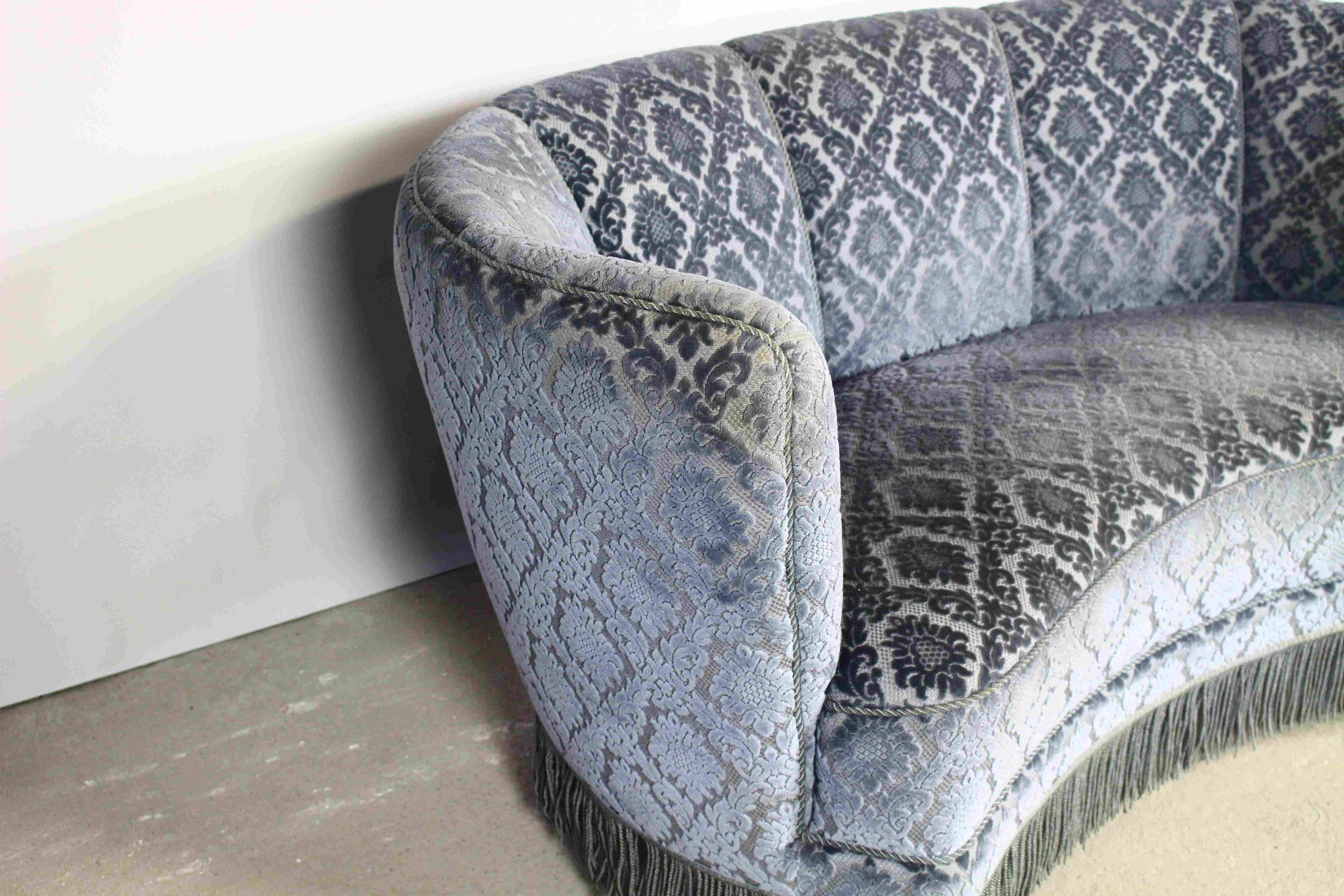 Art deco blue velvet banana sofa, denmark 1950s