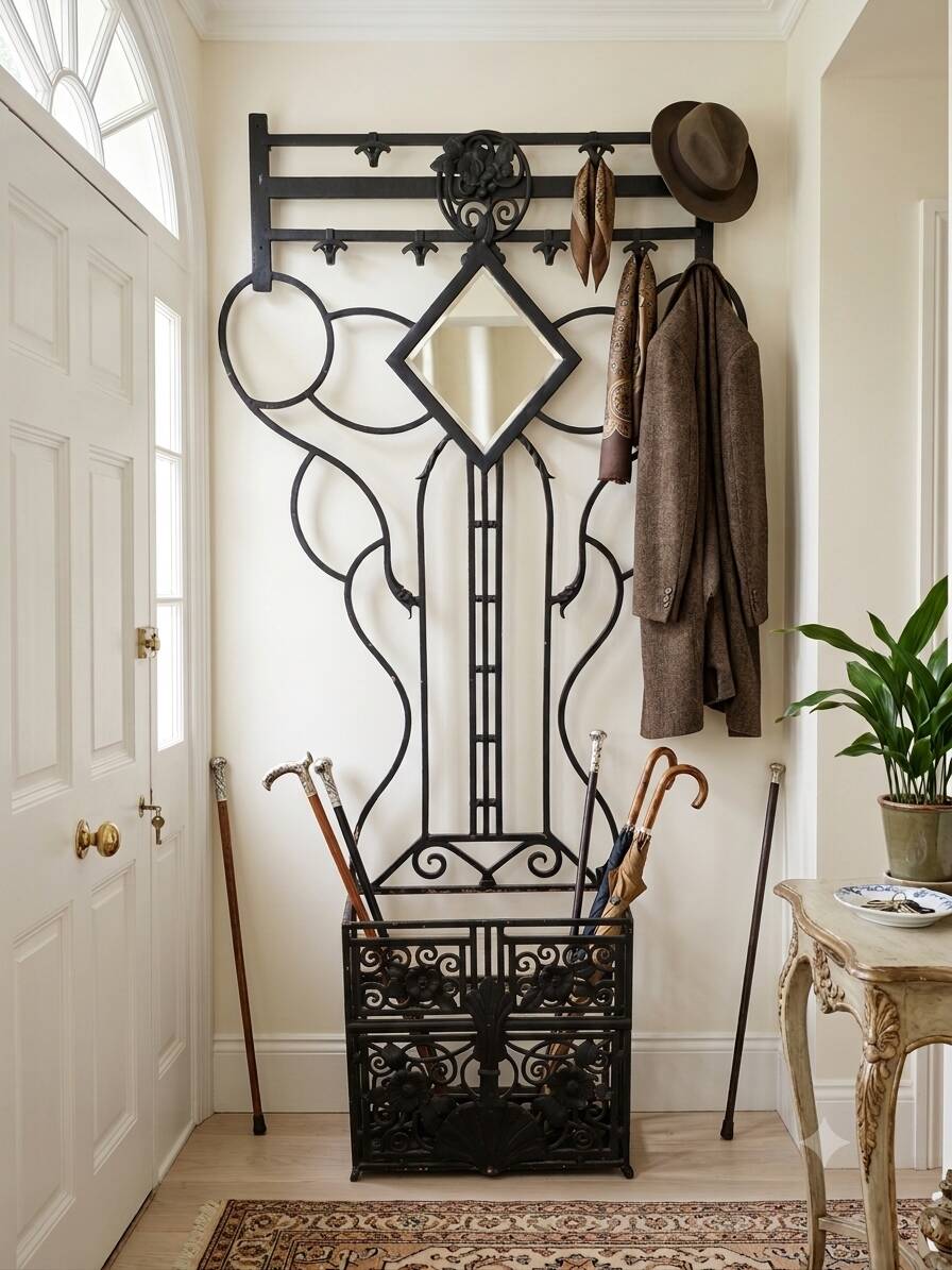 Art Deco coat rack wardrobe in wrought iron from the 1930s.