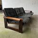 Sofa wood and black leather 60s