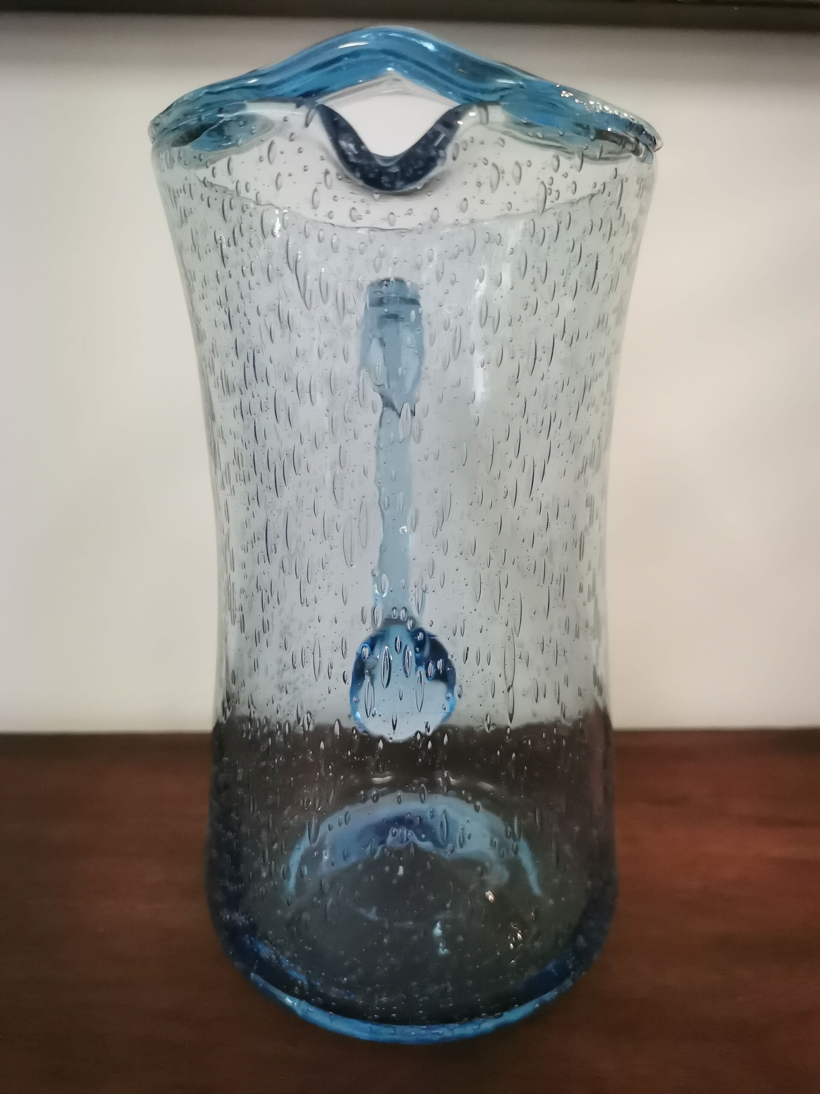 Vintage pitcher in blue bubbled glass Biot unsigned