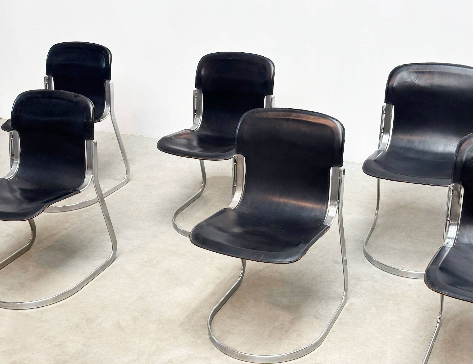 Set of six Willy Rizzo dining chairs in black leather