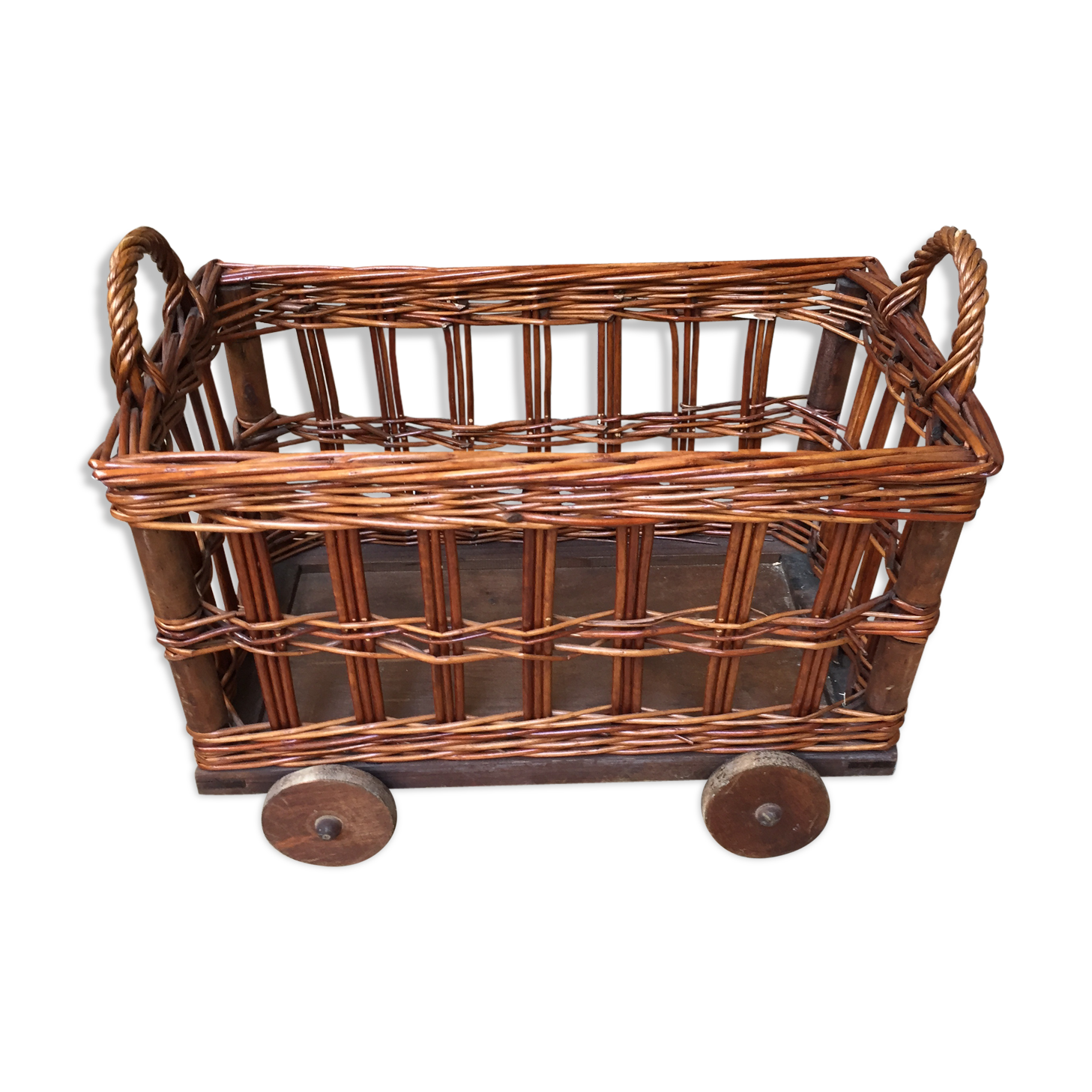Small wicker wheeled cart