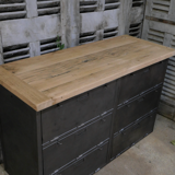 Military furniture metal console with wooden top and 6 drawers