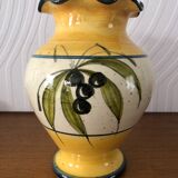 Vase signé Vallauris fait main décor branché d’Olivier jaune, crème et bleu