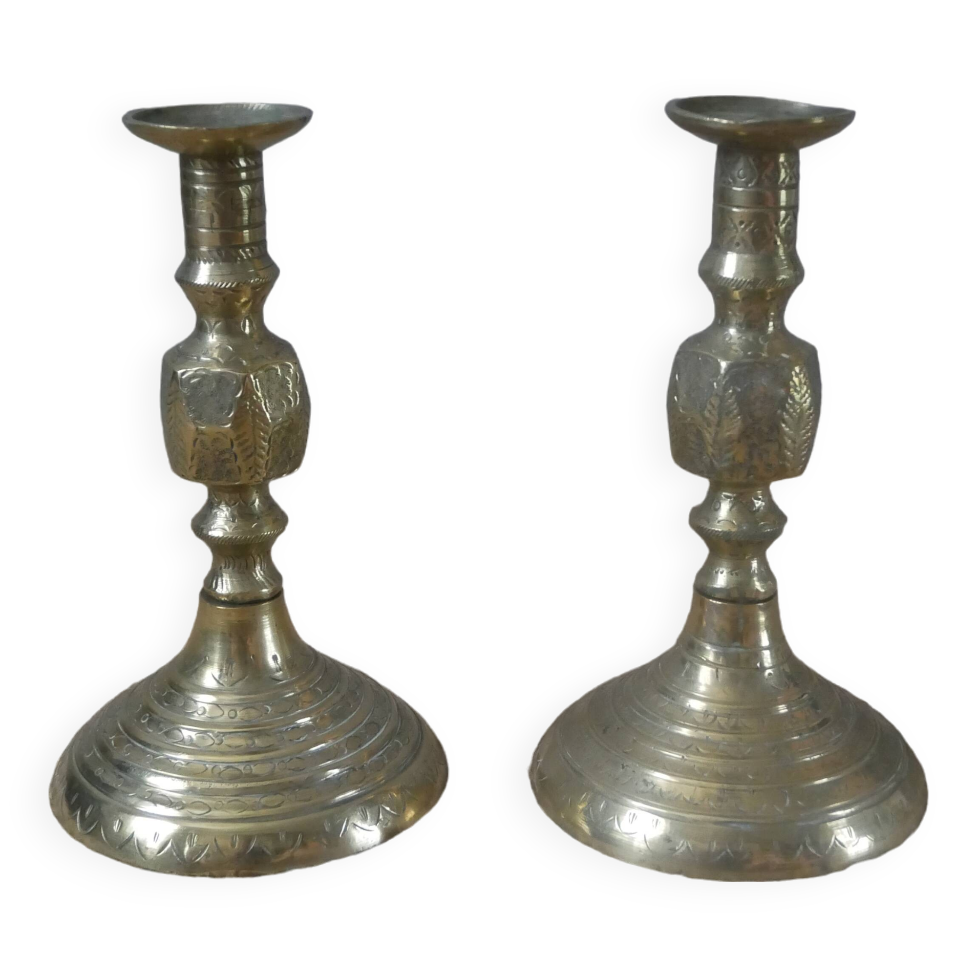 Pair of brass candlesticks in gold metal, ethnic tribal decoration, bohemian artisanal production