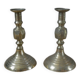 Paire de bougeoirs  laiton métal doré décoration ethnique tribal fabrication artisanale bohème