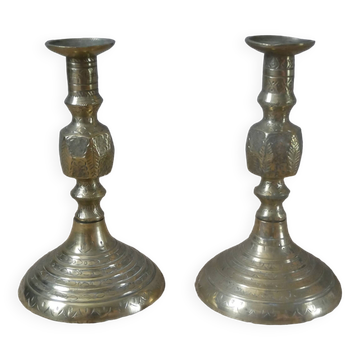Pair of brass candlesticks in gold metal, ethnic tribal decoration, bohemian artisanal production