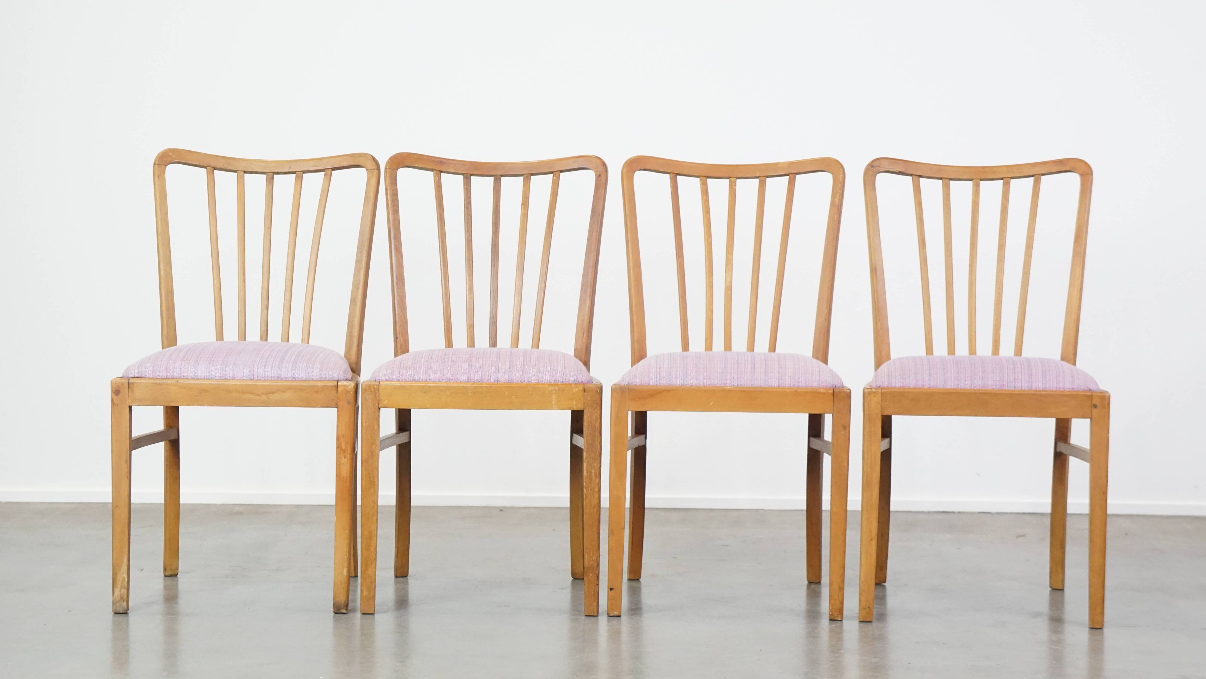 Set of 4 vintage Danish design dining chairs from the 1970s with light purple fabric seats