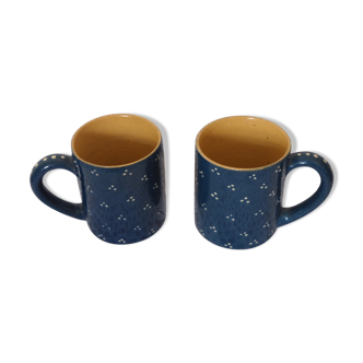 Duo de mugs grès bleu pois blanc