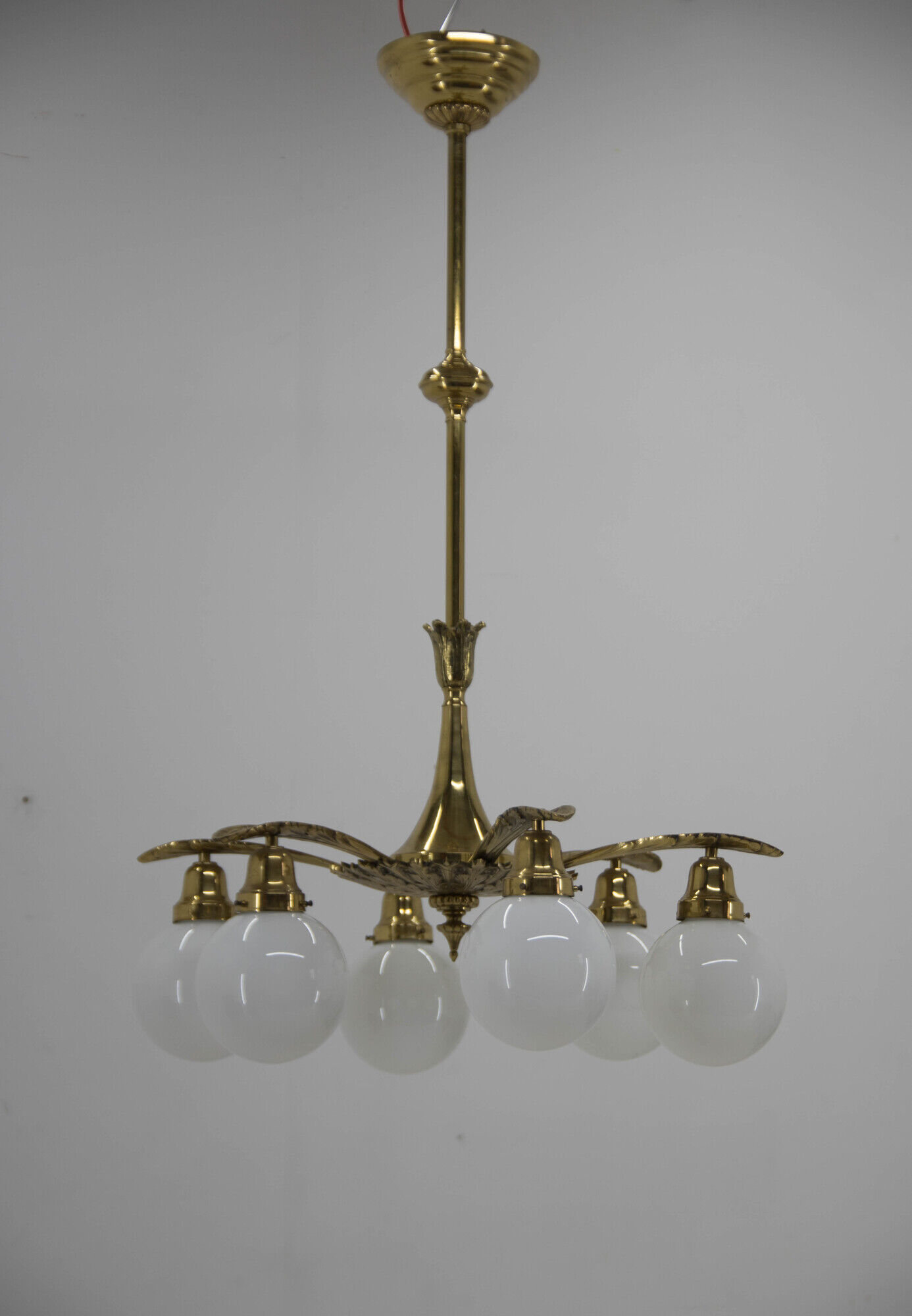 Art nouveau brass and glass chandelier