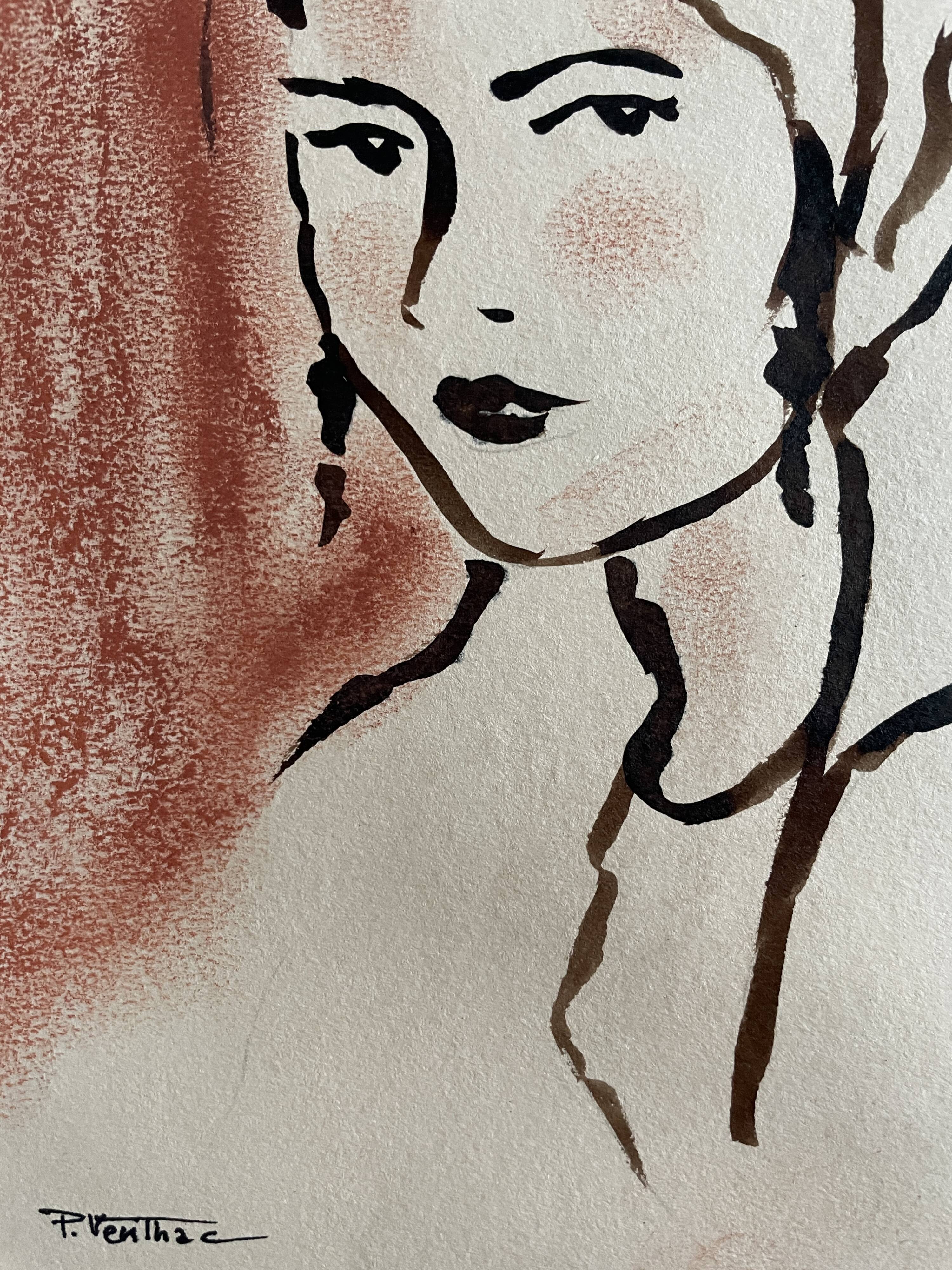 Painting signed Indian ink and pastel female portrait “study with headdress”