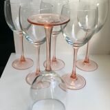 Set of 6 large pink-stemmed wine glasses Made in France 1970s