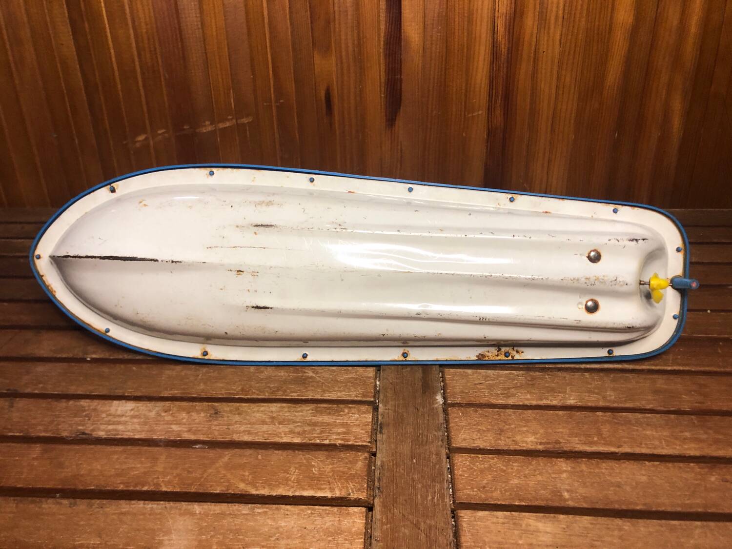 Old Toy Boat Sheet Metal MS Helgoland A Remontoir 1950 Vintage #A599