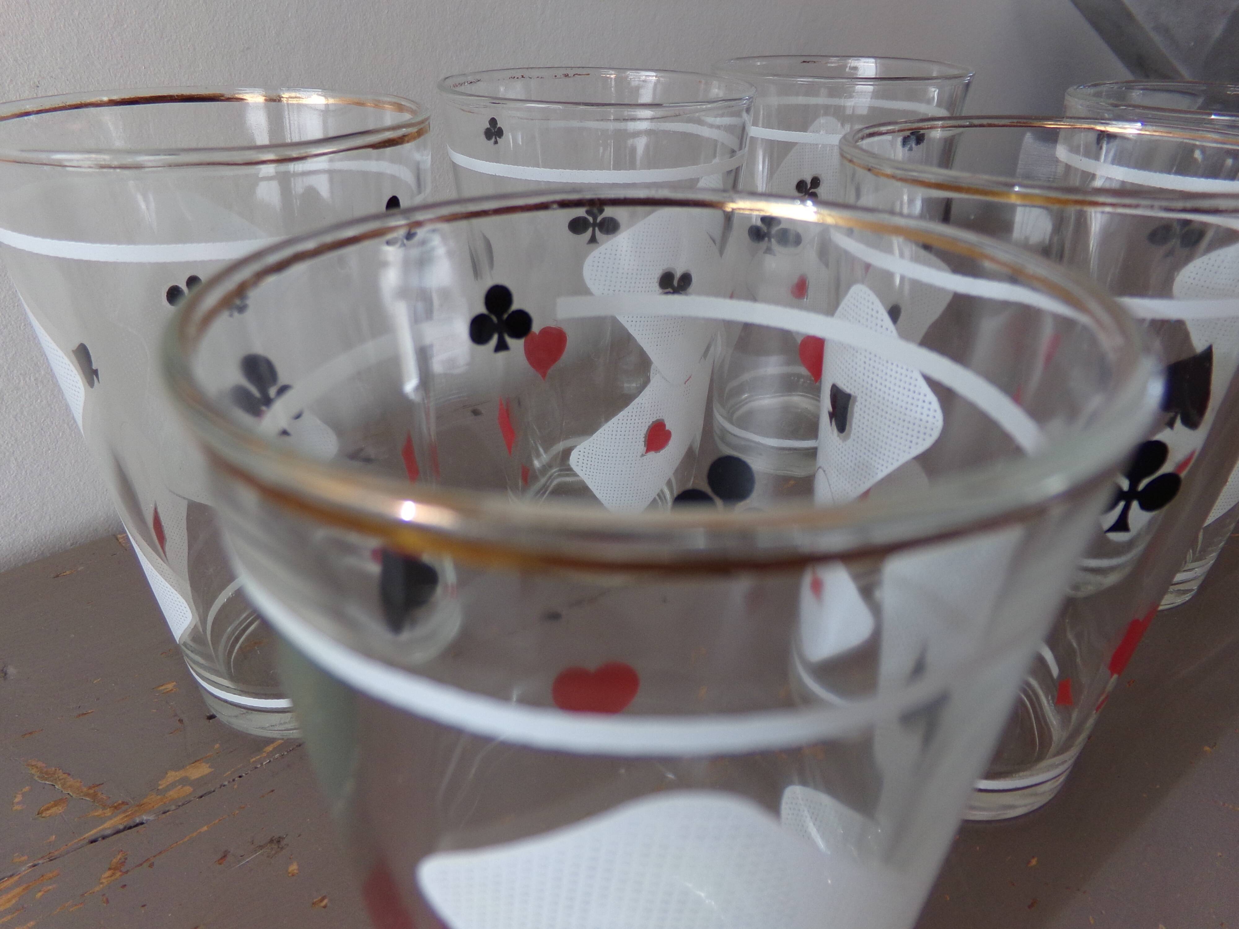 Lot of 6 glasses screen-printed vintage 60s card game