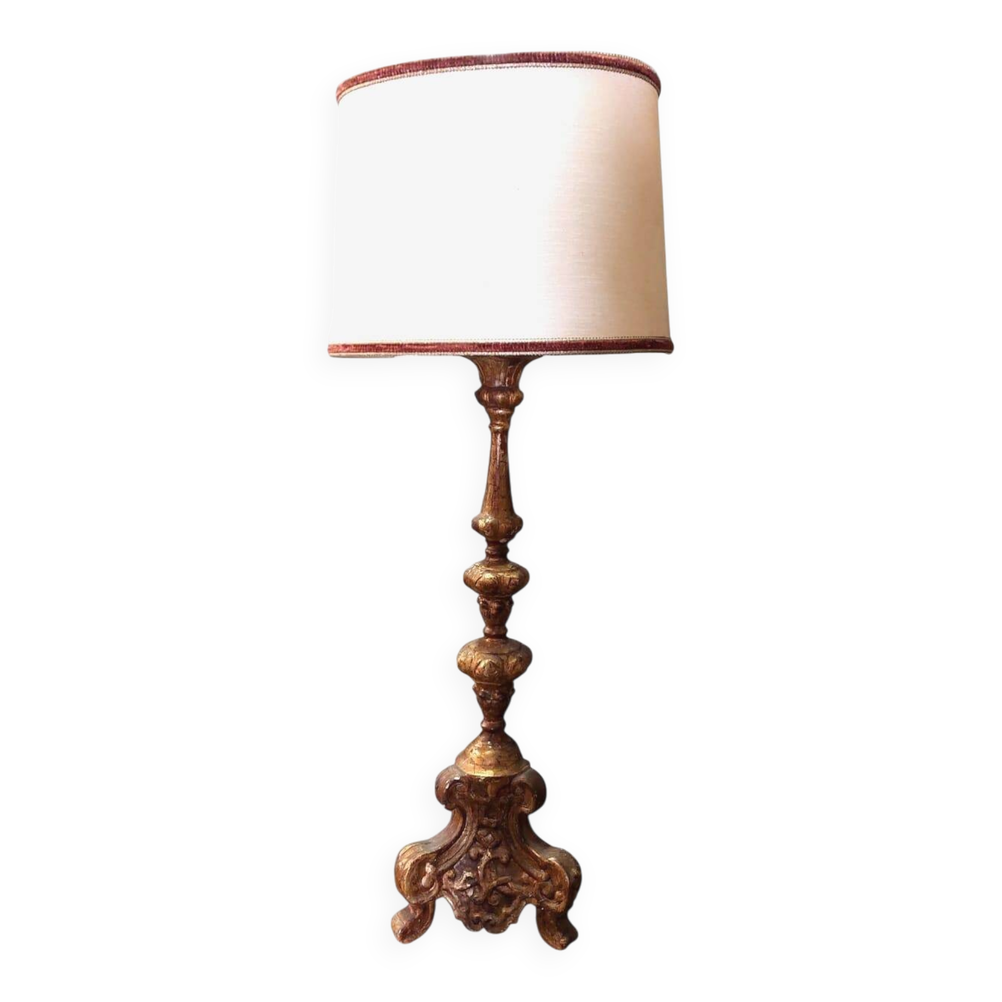Antique 18th century candlestick lamp, gilded wood, electrified