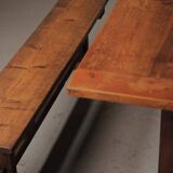 Table and pair of benches in solid pine – France, circa 1970