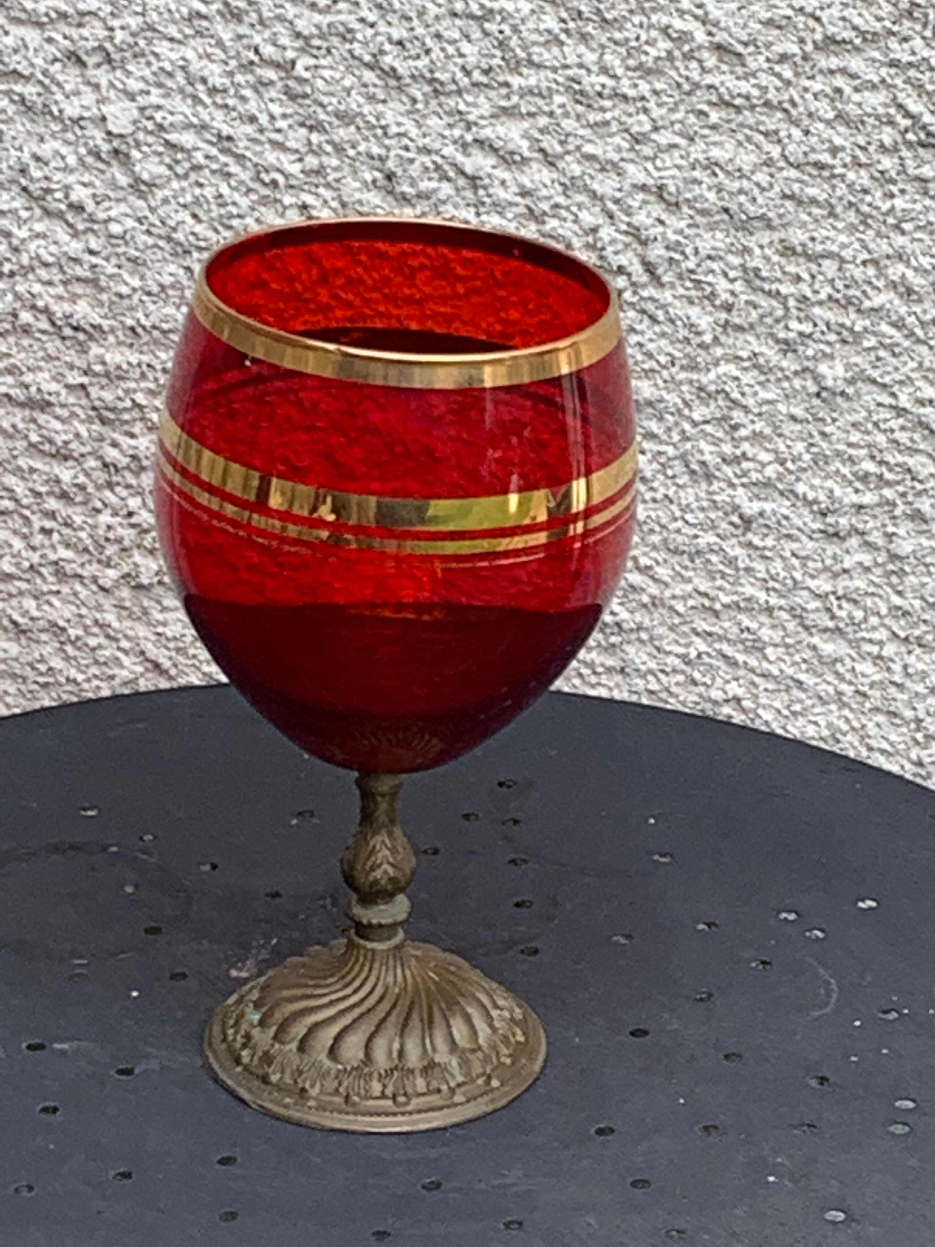 Red glass cut on vintage chiseled brass copper base