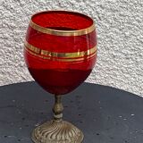 Red glass cut on vintage chiseled brass copper base