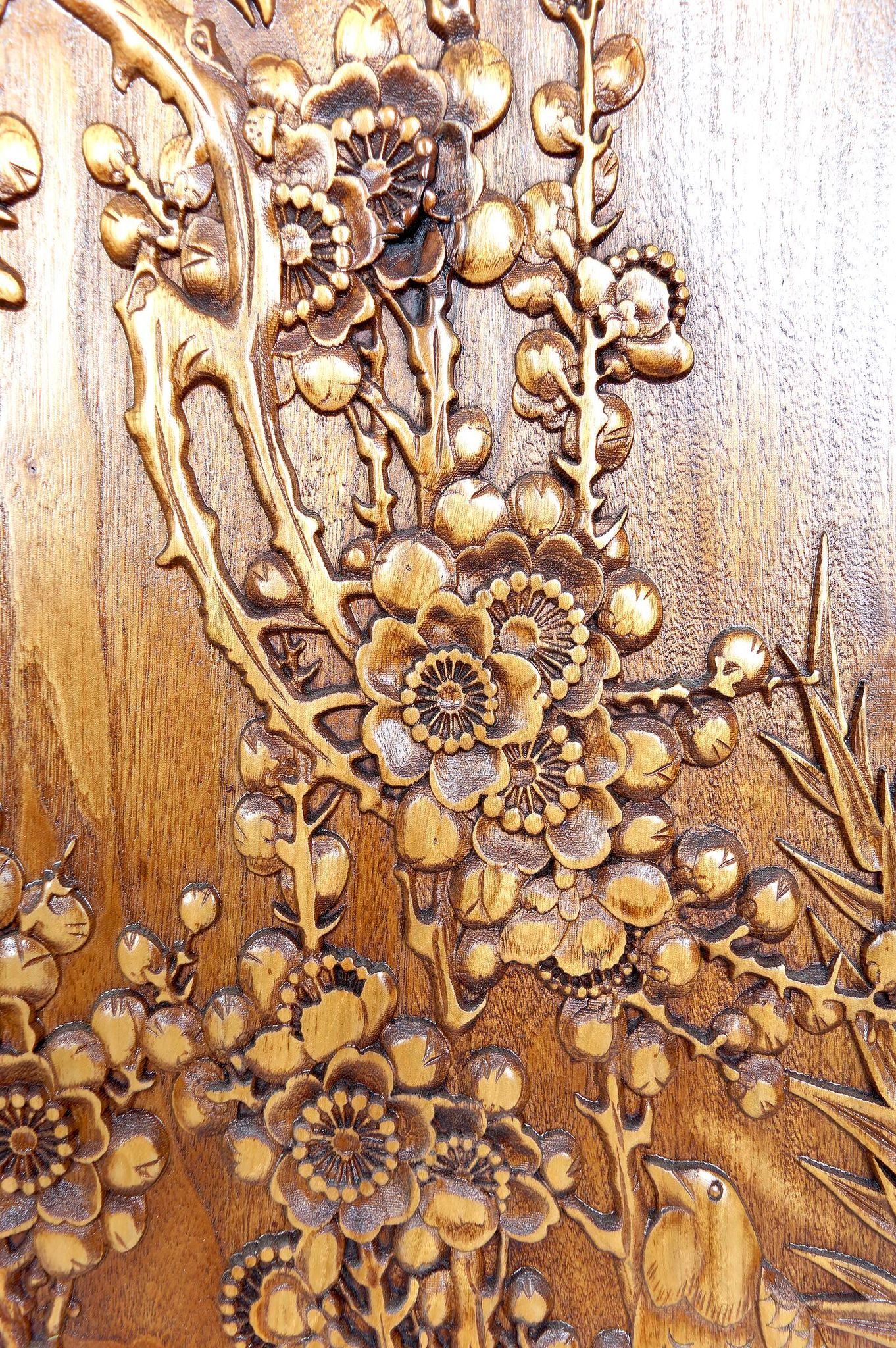 3 carved wooden panels, floral and animal decorations, Indochina