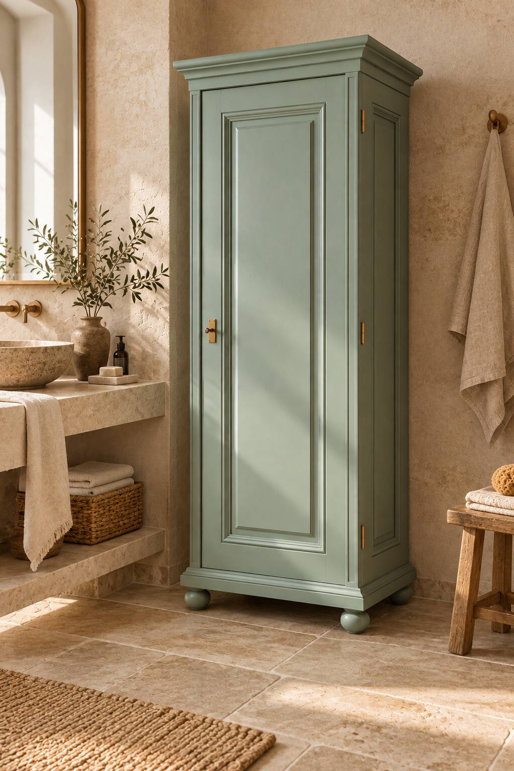 Parisian bonnetière, solid pine, Art Deco, renovated, grey-green.