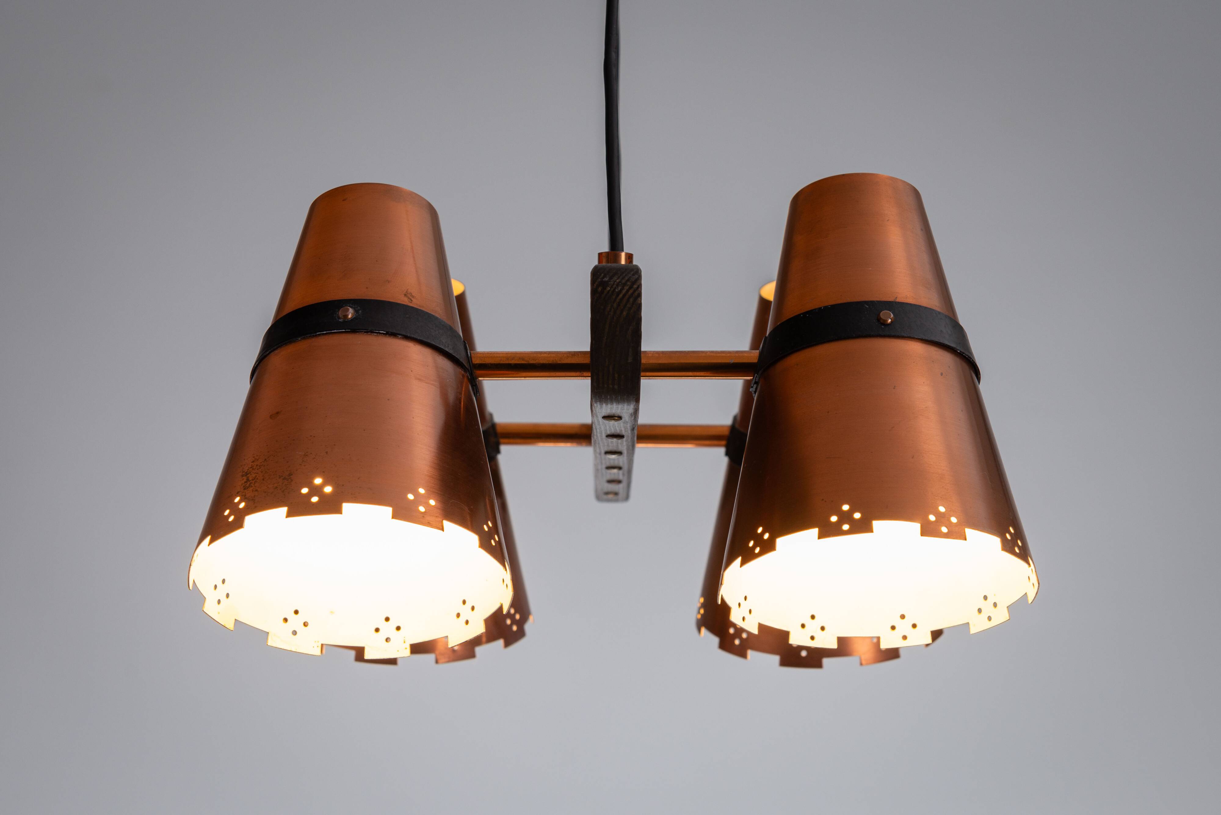 Ceiling lamp in dark stained wood with four brass shades, Sweden, 1960s
