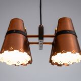 Ceiling lamp in dark stained wood with four brass shades, Sweden, 1960s