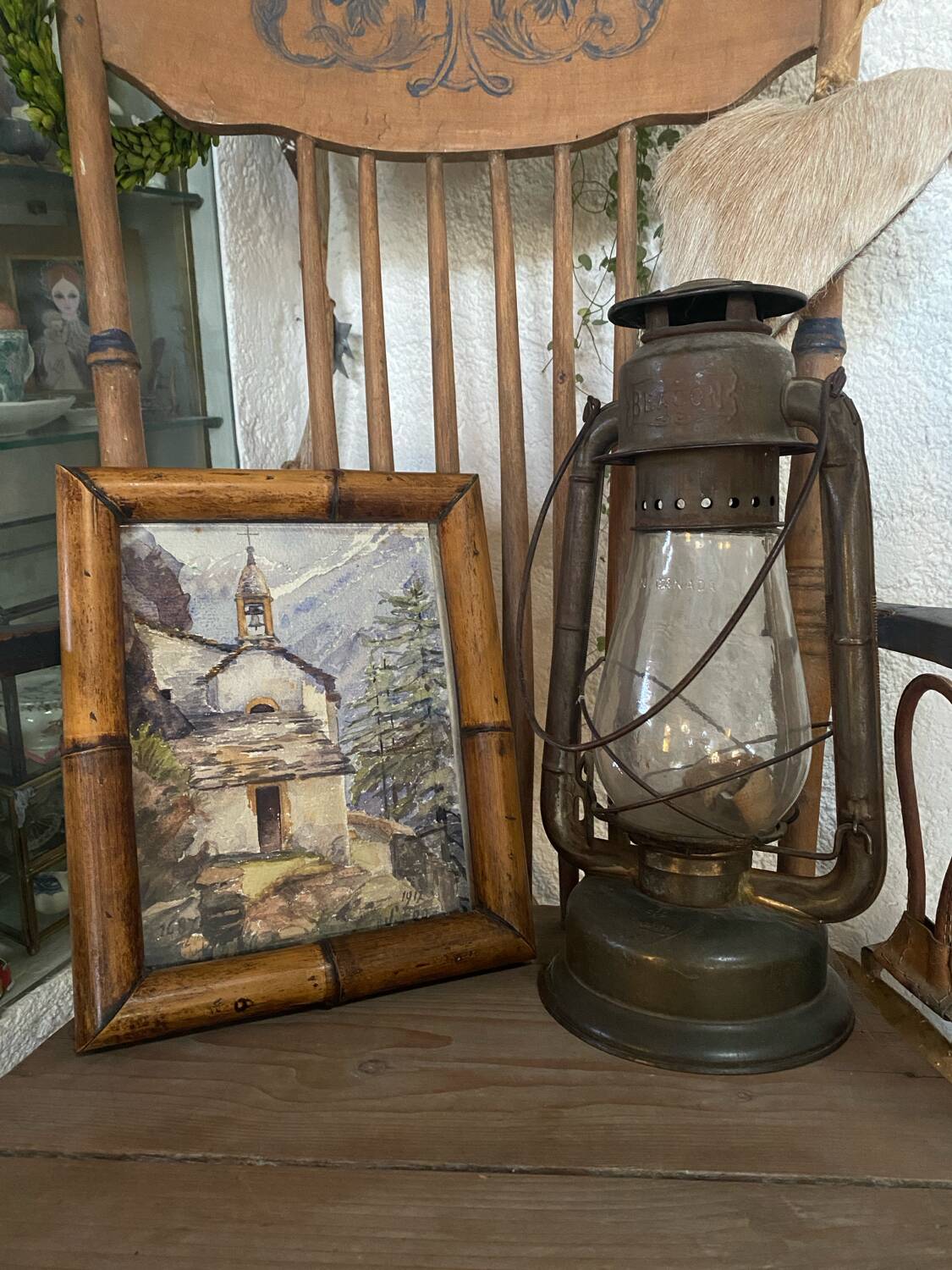 Watercolour "mountain chapel" in an old frame