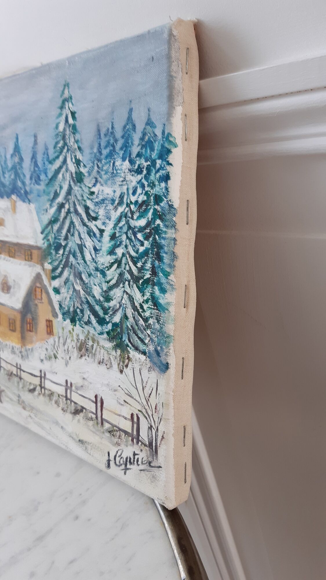 Oil painting on canvas village and landscape winter vintage signed