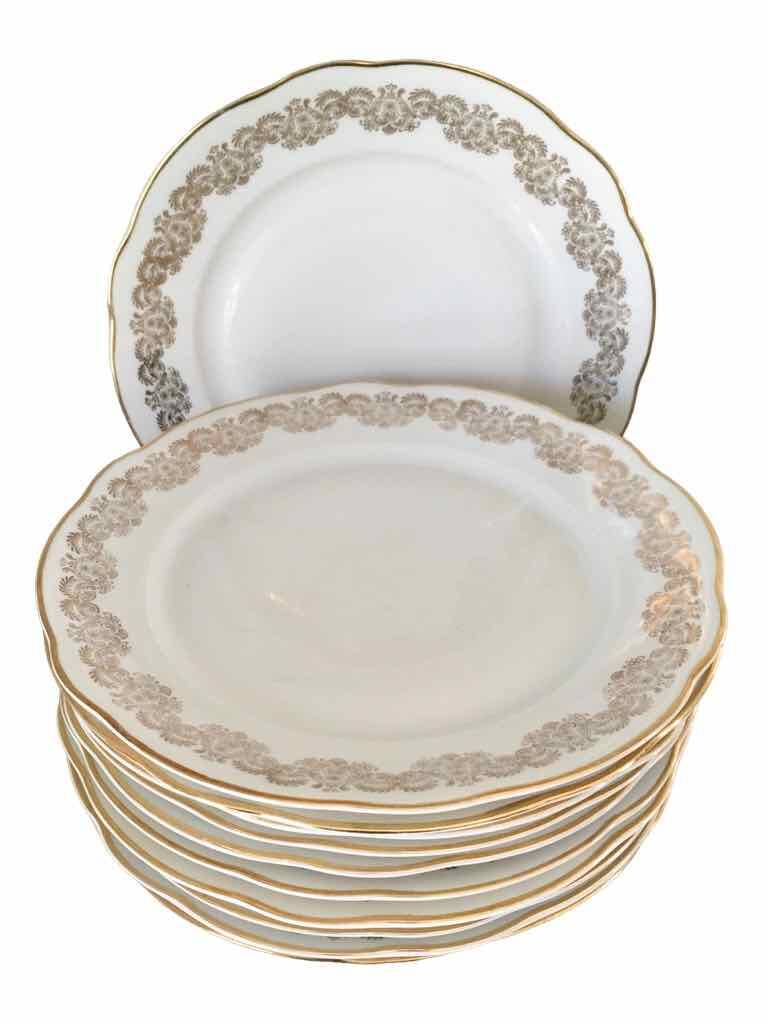 10 assiettes plates blanc et or en porcelaine