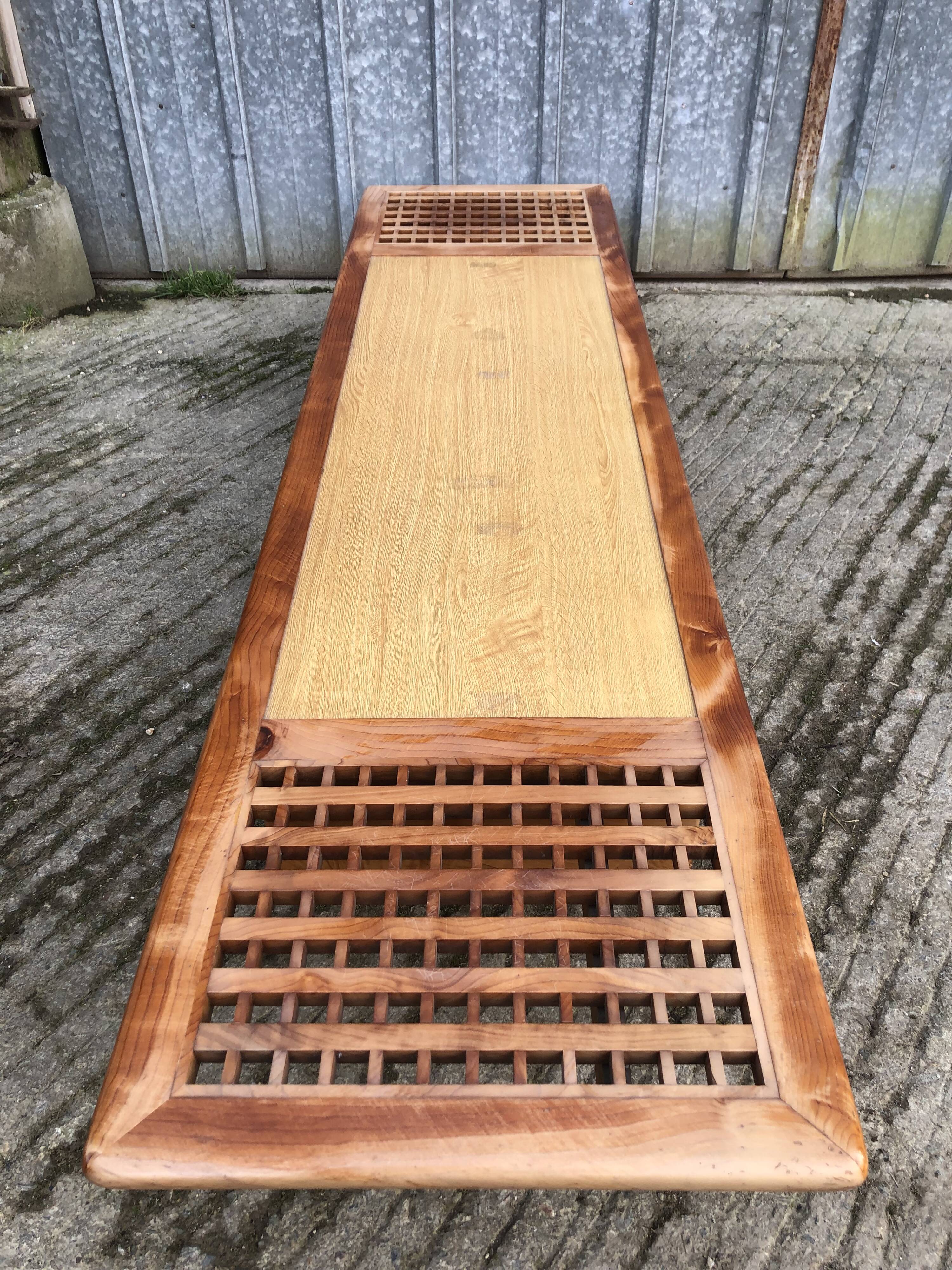 Vintage Yew Wood Bench with 3 Cushions