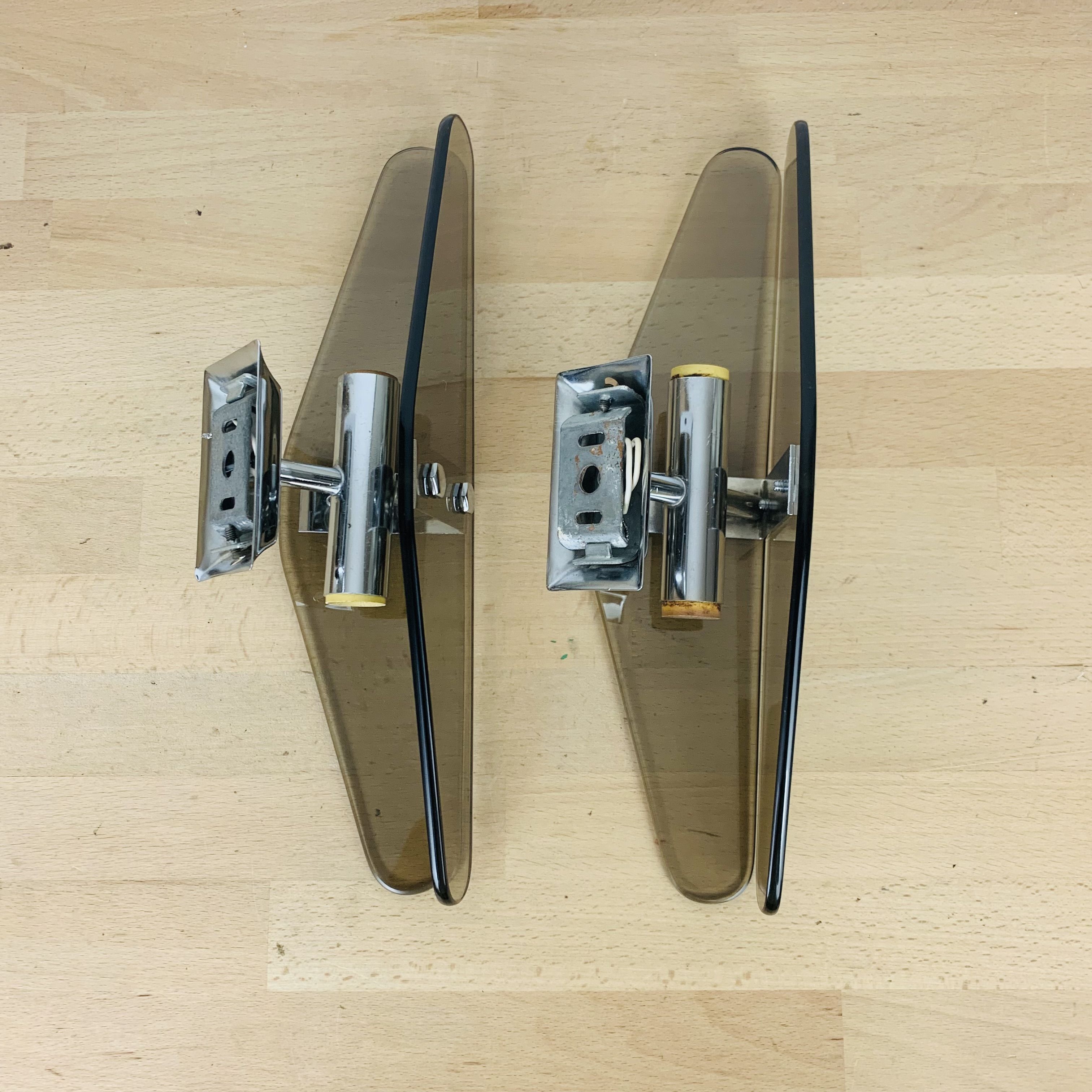 Pair of sconces smoked glass and chrome 70s