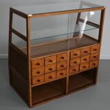 Meuble de mercerie ou comptoir de magasin espagnol ancien en hêtre et chêne, années 1950