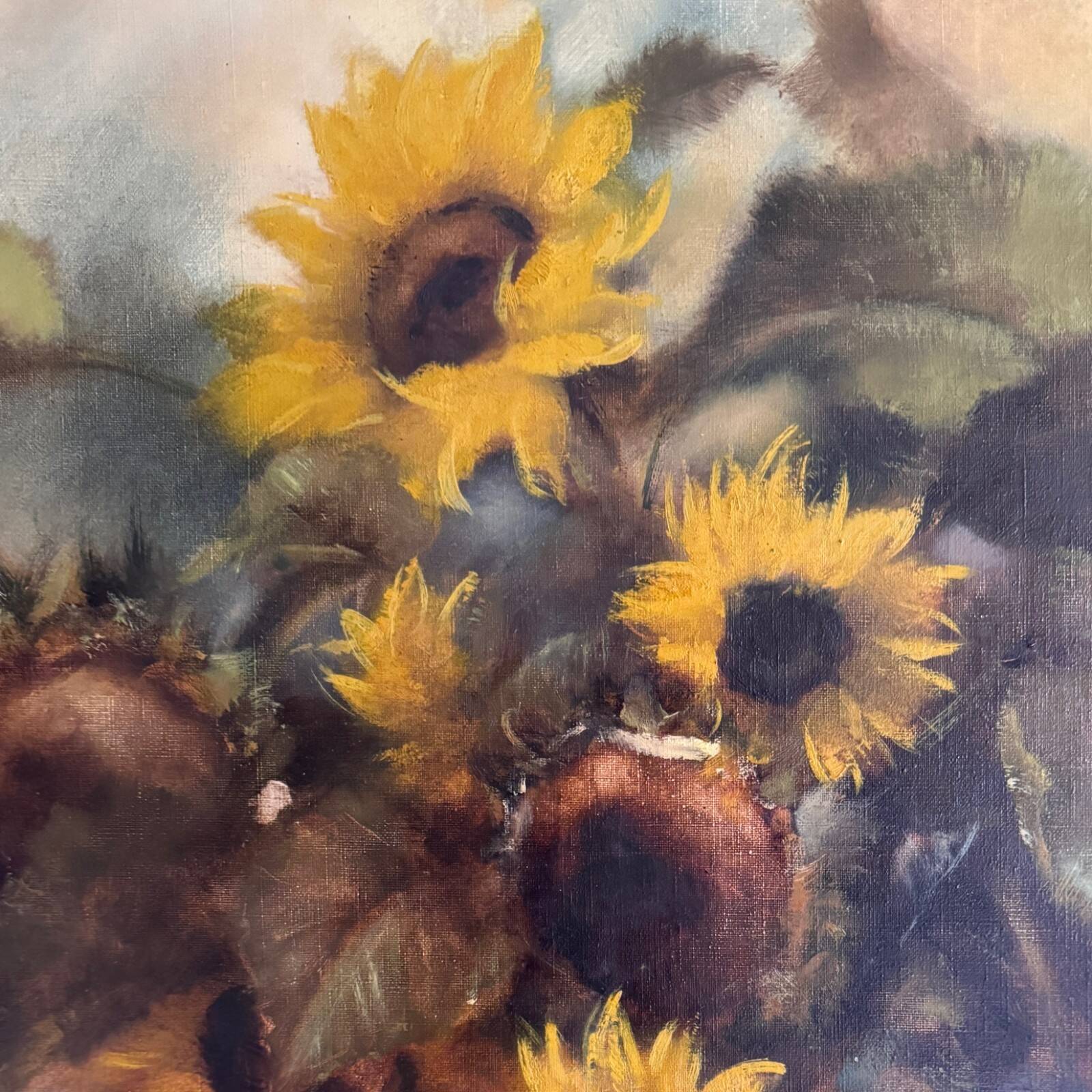 Oil on canvas still life with sunflowers by P. Sorrol 20th century