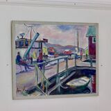 Swedish Mid-Century Oil On Canvas Painting "Harbour" by Lasse Wagner