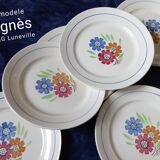 8 old flat plates decorated with flowers, Agnès model by K&G Lunéville