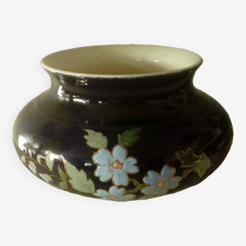 Centerpiece vase in blue earthenware from the oven with Sarreguemines enameled decor