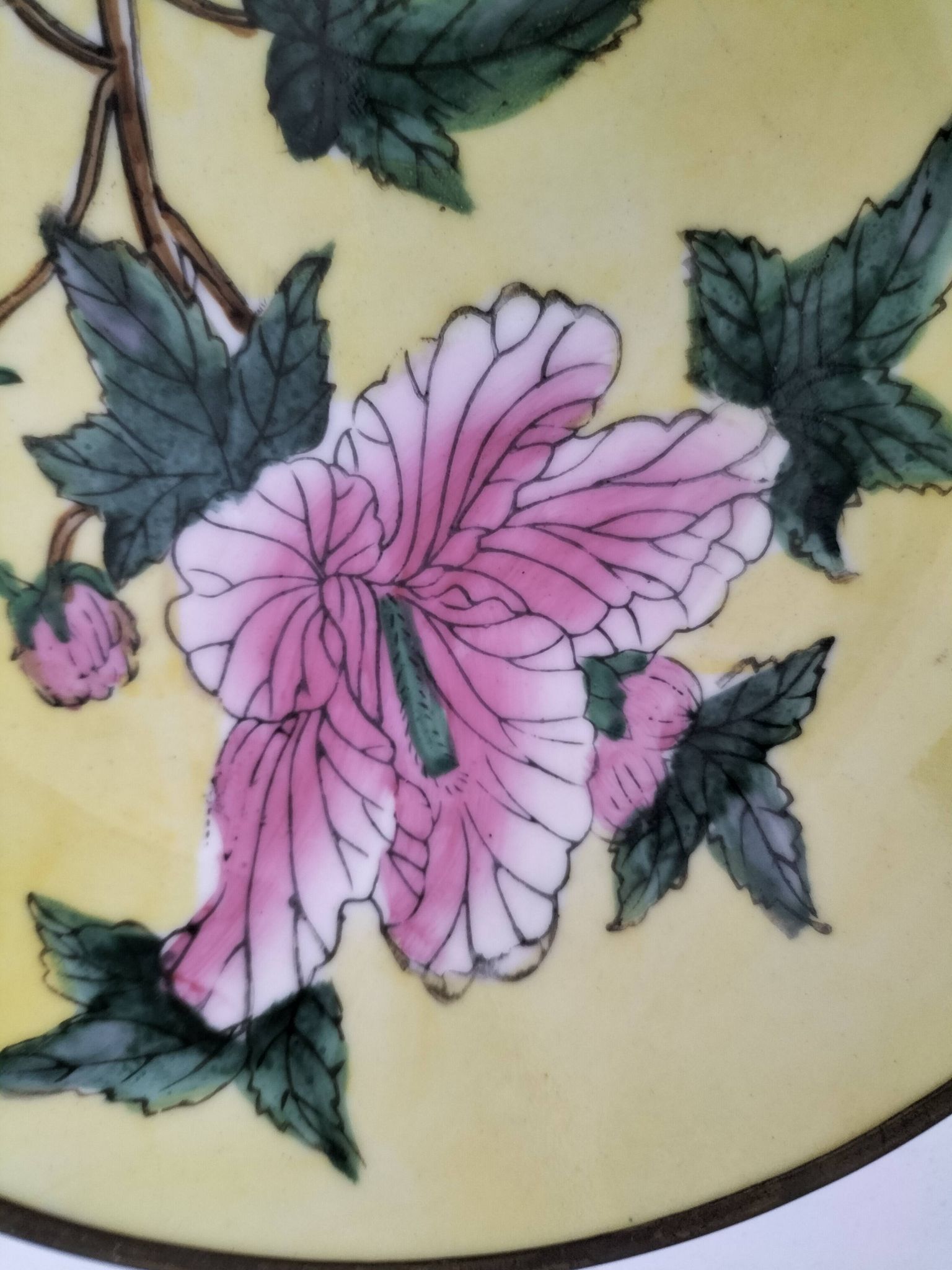 A pair of vintage Chinese decorative plates with floral designs on a yellow background.