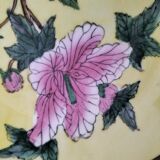 Pair of vintage Chinese decorative plates with floral decoration on a yellow background